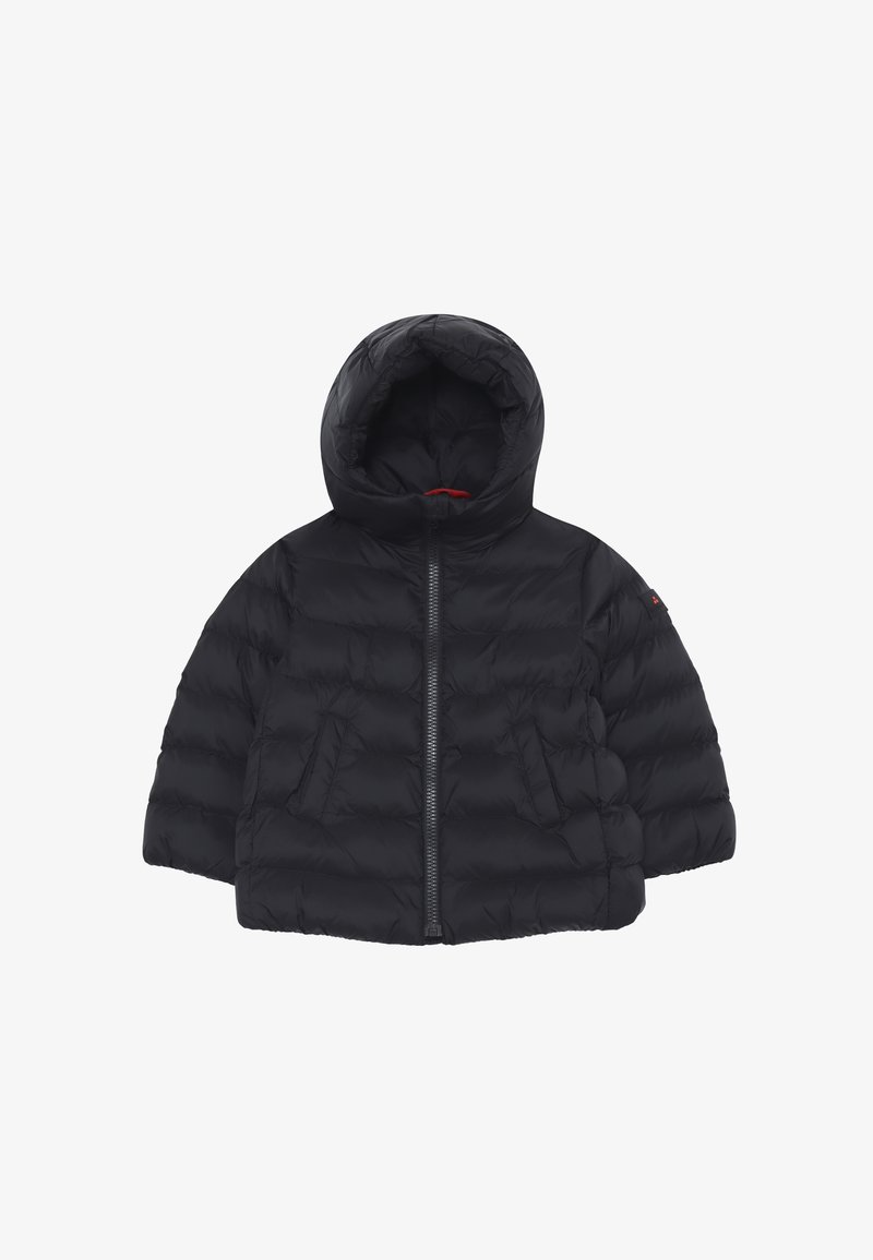 Giubbotto imbottito nero con cappuccio, zip frontale e texture trapuntata. Presenta tasche laterali e un piccolo dettaglio su una manica.