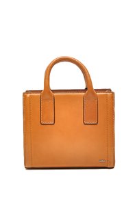 Tan leren handtas met twee bovenhandvaten, rechthoekige vorm, minimalistisch ontwerp en stiksels. Geen hardware of versieringen.