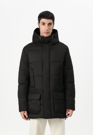 Black padded jacket with a high collar and adjustable hood, featuring two front pockets and a sleek, textured design.