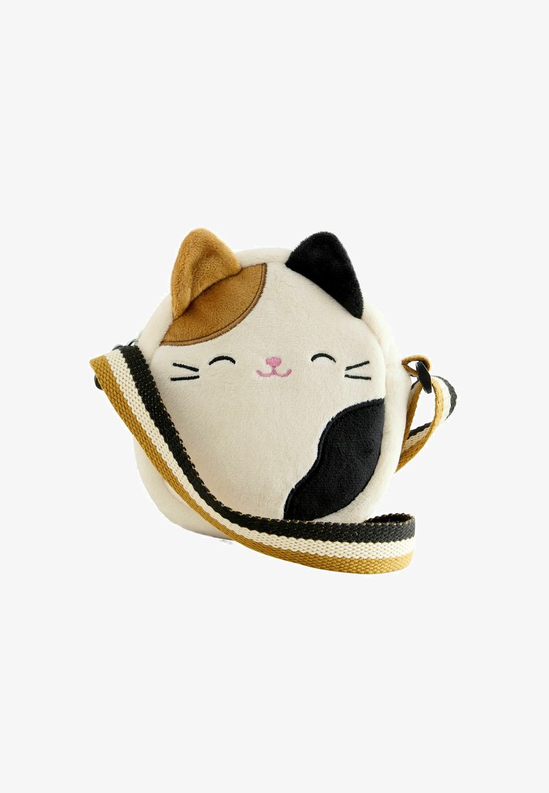 Runder, plüschiger Katzen-Umhängebeutel in Weiß, Braun und Schwarz. Verfügt über eine weiche Textur, ein gesticktes Gesicht und einen gestreiften Schultergurt.