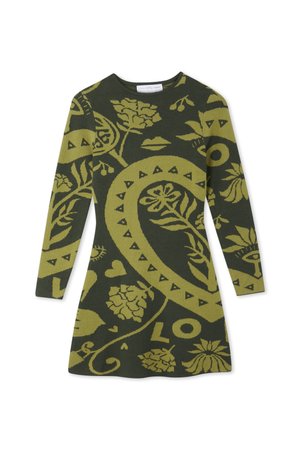 Zielona sukienka z wzorem paisley w jaśniejszym zielonym odcieniu. Długie rękawy, okrągły dekolt i motywy kwiatowe w całej sukience.
