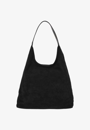 Zwarte suède schoudertas met een zachte textuur, slordig ontwerp en een afgeronde vorm. Voorzien van een enkele, stevige handgreep voor gemakkelijk dragen.