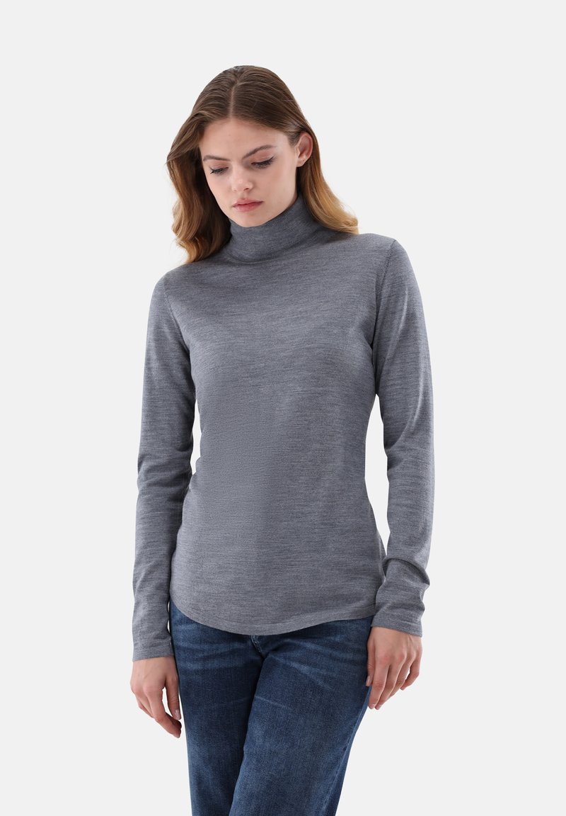 Grauer, langärmliger Rollkragenpullover aus weichem Material, mit figurbetontem Schnitt, glatter Oberfläche und dezenten Rippungen am Kragen.