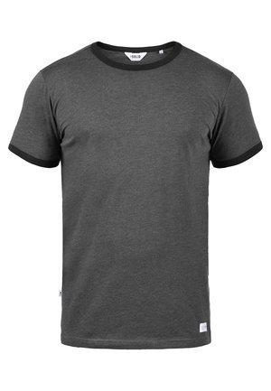 Gray short-sleeve t-shirt with a black ribbed neckline and sleeve hems. Made of smooth fabric with a straight hemline and small branding label.