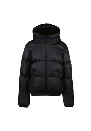 Zwarte pufferjas met een capuchon, voorzien van een ritssluiting, zijzakken en een gestikt ontwerp. Glad, glanzend materiaal met een cropped pasvorm.