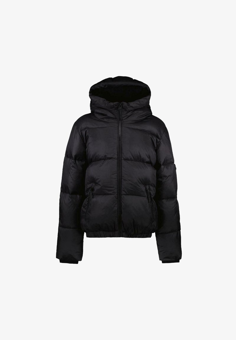 Zwarte pufferjas met een capuchon, voorzien van een ritssluiting, zijzakken en een gestikt ontwerp. Glad, glanzend materiaal met een cropped pasvorm.