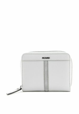 Portefeuille en cuir gris à texture lisse, avec un accent de bande verticale, fermeture éclair et logo de la marque à l'avant.