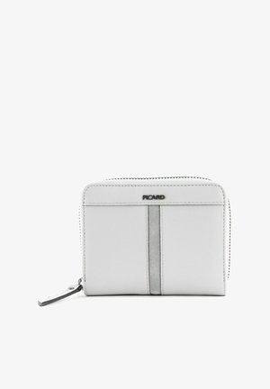 Portefeuille en cuir gris à texture lisse, avec un accent de bande verticale, fermeture éclair et logo de la marque à l'avant.