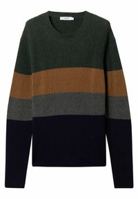 Ribbed knit sweater featuring horizontal stripes in dark green, brown, gray, and navy. Classic crew neckline and long sleeves.