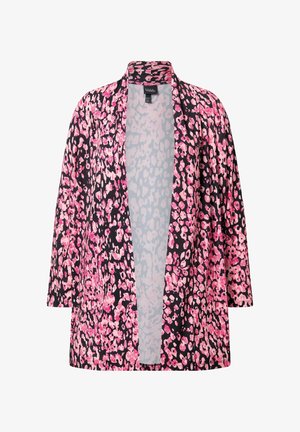 Avattava edestä pitkähiha takki, jossa vaaleanpunainen ja musta abstrakti leopardikuosi, kevyt kangas ja rento istuvuus.