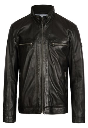 Schwarze Lederjacke mit Stehkragen, Frontreißverschluss und zwei Reißverschluss-Brusttaschen. Sie zeichnet sich durch eine glatte Textur und eine taillierte Passform aus.