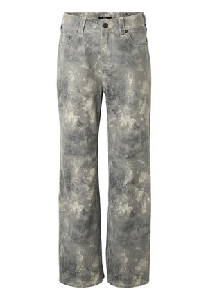 Suorat farkut, joissa on harmaa-valkoinen marmorikuvio, napillinen suljenta, vyölenkit sekä etu- ja takataskut.