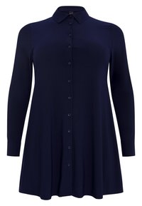 Camicia da uomo a maniche lunghe di colore blu navy, con colletto, chiusura frontale con bottoni e orlo svasato. Realizzata in tessuto liscio con una leggera trama.