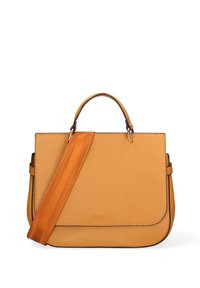 Sac à main en cuir tan avec une forme structurée, une poignée supérieure et une bandoulière orange amovible. Présente des surpiqûres et une texture lisse.