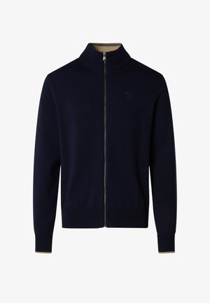 Maglione blu navy con zip integrale, polsini e orlo a coste, collo alto e logo discreto sul petto a sinistra.