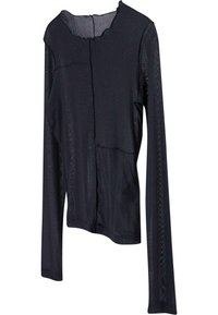 Langärmliges Oberteil in Schwarz mit einem strukturierten Muster. Mit einem runden Halsausschnitt und unregelmäßigen Nähten für ein gestuftes Design geschnitten.