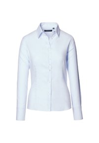 Jasnoniebieska koszula na długi rękaw z guzikami, wykonana z teksturowanej tkaniny. Posiada kołnierzyk oraz dopasowaną sylwetkę z białymi guzikami.