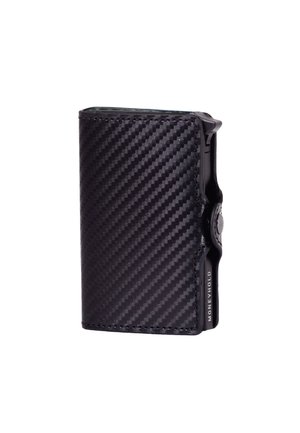 Carbon fiber wallet in black with a textured finish, rectangular shape, snap closure, and embossed logo on the side. Compact design for cards.