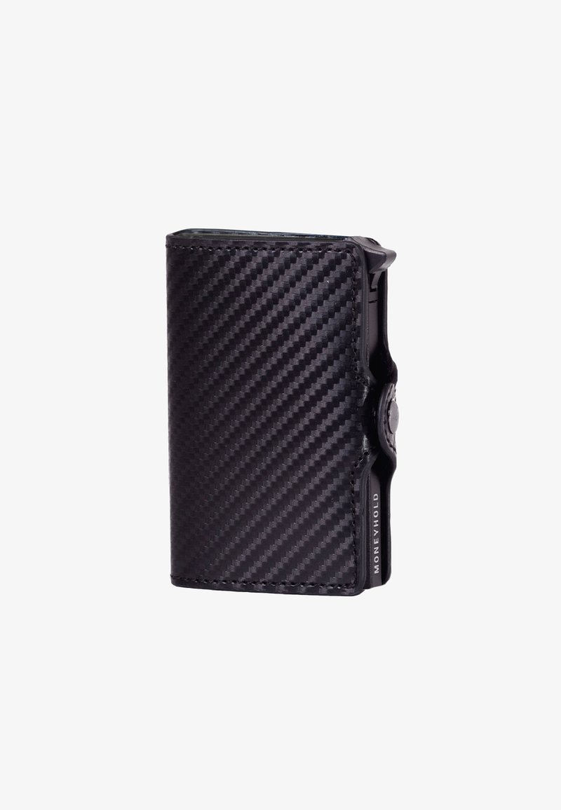 Carbon fiber wallet in black with a textured finish, rectangular shape, snap closure, and embossed logo on the side. Compact design for cards.