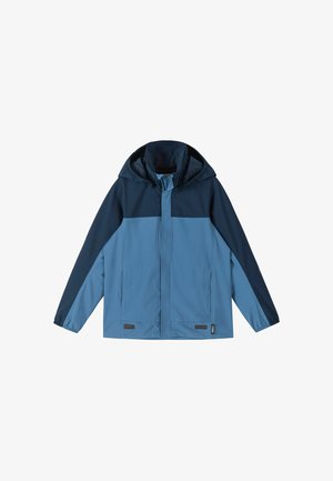 Blaues und marinefarbenes Kapuzenjacke mit Frontreißverschluss, langen Ärmeln und Seitentaschen, für den Außeneinsatz konzipiert.