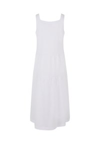 Vestido blanco sin mangas con escote cuadrado y diseño en capas, fabricado en una tela ligera, que presenta una textura suave y una silueta fluida.