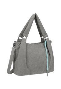 Gray suede handbag with dual straps, featuring a turquoise accent cord and a zippered closure. Smooth texture and streamlined shape.