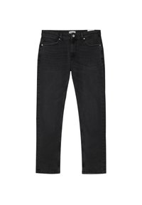 Czarne jeansy z denimu o dopasowanym kroju, z pięcioma kieszeniami, widocznym przeszyciem i suwakiem. Gładka faktura z delikatnym blaknięciem na przodzie.