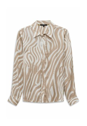 Langärmliges, beige-weißes Hemd mit Zebrafellmuster, Knopfleiste, spitzem Kragen und Manschetten, flach auf einem weißen Hintergrund liegend.