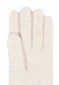 Cremfarbene gestrickte Handschuhe mit fünf Fingern, aus weichem, strukturiertem Material. Das Design ist einfach und die Farbe ist hell und einheitlich.