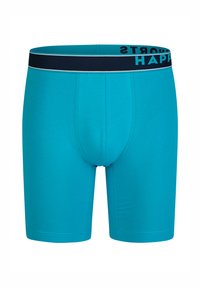 Turquoise boxers met een snug fit, zachte stof en een elastische tailleband met 'HAPPY' in zwart-witte tekst gedrukt.