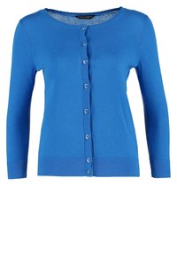 Blå stickad kofta med rund halsringning, långa ärmar och knäppning framtill. Ribbad fåll och manschetter ger textur.