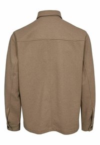 Brązowa kurtka z kołnierzem, długimi rękawami i zapinanymi mankietami. Charakteryzuje się gładką teksturą i prostym, schludnym designem bez zewnętrznych kieszeni.