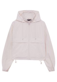 Cropped light pink jacket with a hood, featuring a front zipper, drawstring adjustments, and two front pockets. Smooth fabric texture.