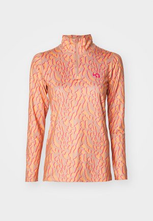 Langärmliges Oberteil mit Reißverschluss in Pfirsichfarbe und einem abstrakten rosa Muster. Hergestellt aus glattem, elastischem Stoff, mit einem hohen Kragen und tailliertem Design.