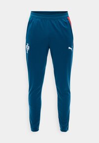 Μπλε αθλητικό παντελόνι με ελαστική μέση, λευκό λογότυπο Puma στη δεξιά πλευρά και λευκό έμβλημα στον αριστερό μηρό. Κόκκινη λεπτομέρεια στο πάνω αριστερό μέρος.