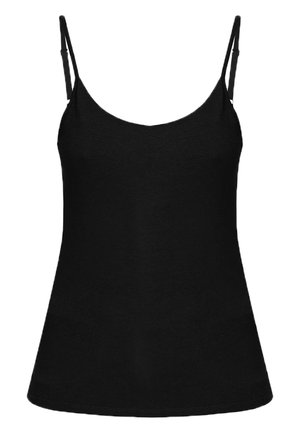Black camisole top with adjustable spaghetti straps, a fitted silhouette, and soft fabric texture. Simple design with no additional embellishments.