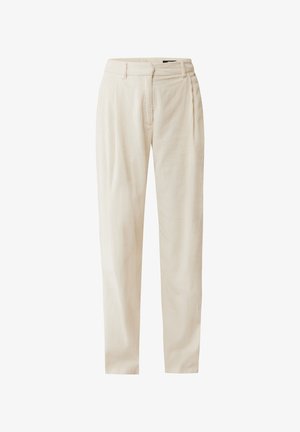 Krémové kordové kalhoty s rovnýcm střihem, obsahující sklady, standardní pas a vertikální jemný přízi.