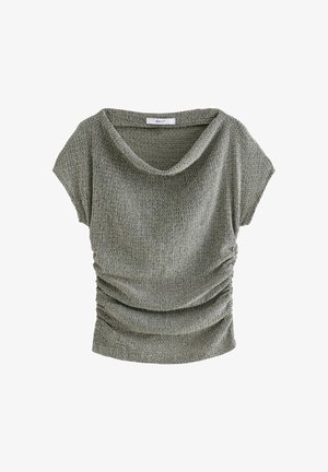 Kurzärmliges Top mit Cowl-Ausschnitt aus strukturiertem, hellgrünem Stoff, mit gerafften Details an den Seiten für einen taillierten Look. Marke: NEXT.