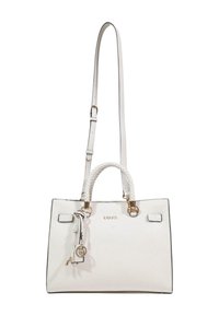 Sac à main en cuir blanc au design structuré, avec une poignée tressée, une bandoulière ajustable, des ferrures dorées et un logo embossé.