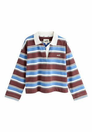 Long-sleeve rugby shirt with horizontal blue, brown, white, and black stripes, a white collar, and "self." logo on the chest.