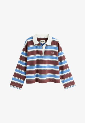Long-sleeve rugby shirt with horizontal blue, brown, white, and black stripes, a white collar, and "self." logo on the chest.