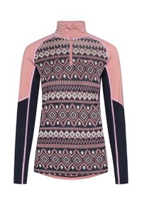 Langarmtop met een roze en marineblauw geometrisch patroon, een kwart-ritskraag en contrasterende mouwpanelen. Zachte, gestructureerde stof.