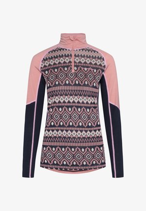 Langarmtop met een roze en marineblauw geometrisch patroon, een kwart-ritskraag en contrasterende mouwpanelen. Zachte, gestructureerde stof.