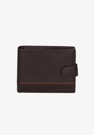 Portefeuille en cuir marron avec une texture lisse, de forme rectangulaire, rayure d'accent rouge et fermeture à bouton. Présente un logo en relief sur le côté.