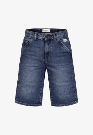 Pantaloncini di denim blu scuro con tasche frontali, passanti per cintura, chiusura con bottone e piccola toppa con il logo Roy Roger's sulla tasca destra.