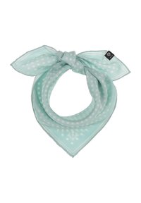 Écharpe bleu clair en tissu lisse, ornée de pois blancs et d'un motif en bordure. Nouée, avec une petite étiquette de marque.