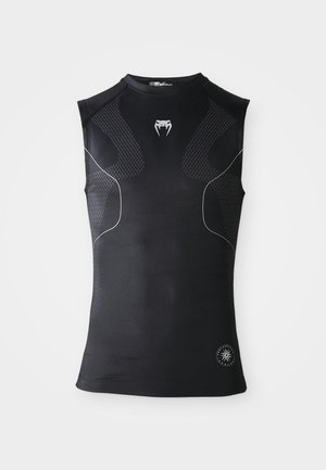 Sleeveless black athletic compression shirt with subtle patterned panels, small white snake logo on chest, and circular emblem near hem.
