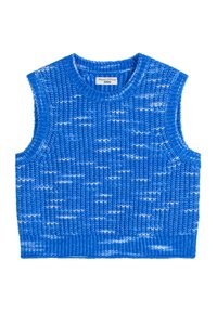 Dzianinowy niebieski top bez rękawów z teksturowanym wzorem i białymi akcentami. Okrągły dekolt i prążkowane wykończenie. Wykonany z miękkiego, wygodnego materiału.
