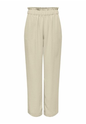 Pantalon beige taille haute avec taille élastique et jambes droites décontractées, fabriqué en tissu texturé léger.