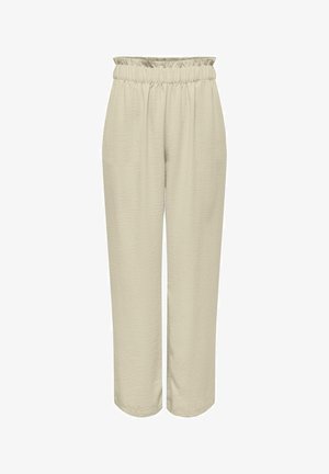 Beežid kõrge vöökohaga püksid elastse vöökoha ja lahtiste sirgete säärega, valmistatud kerge tekstuurse kangast.